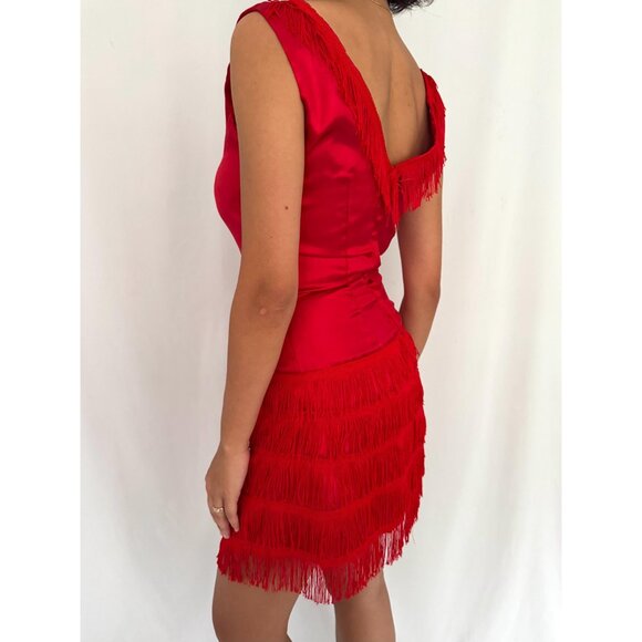 1920s style 60s vintage red flapper silky fringed trim dance costume party dress - Picture 3 of 9